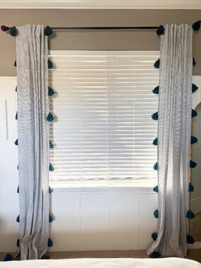 Anthropologie Mindra Striped Curtains Navy w/ Teal Tassels 50" X 96" (2 panels)